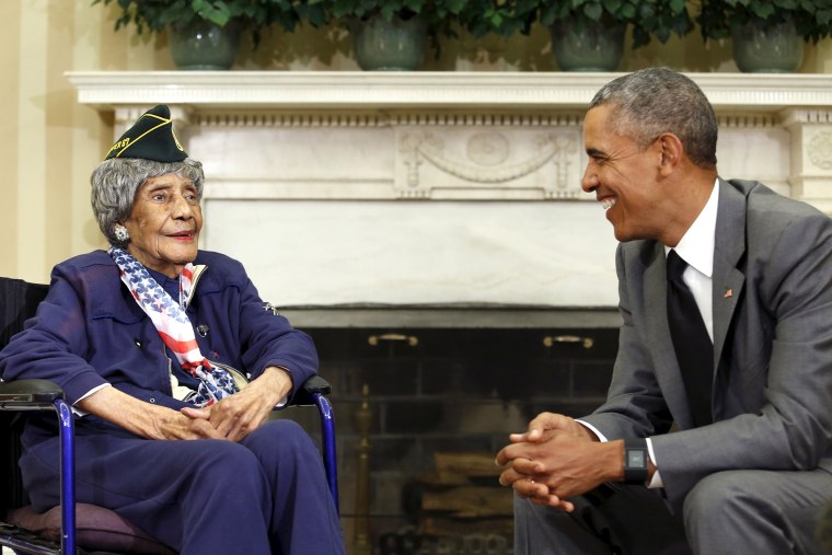 President Barack Obama smiles with Emma Didlake, the oldest known World War II veteran at 110 years old, in the the Oval Office of the White House in Washington, D.C., July 17, 2015. (Photo by Yuri Gripas/Reuters)