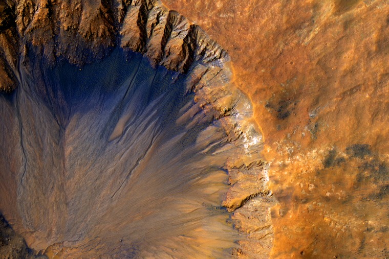 Fresh Crater Near Sirenum Fossae Region of Mars.&nbsp;The HiRISE camera aboard NASA's Mars Reconnaissance Orbiter acquired this closeup image of a \"fresh\" (on a geological scale, though quite old on a human scale) impact crater in the Sirenum Fossae region of Mars on March 30, 2015. This impact crater appears relatively recent as it has a sharp rim and well-preserved ejecta.