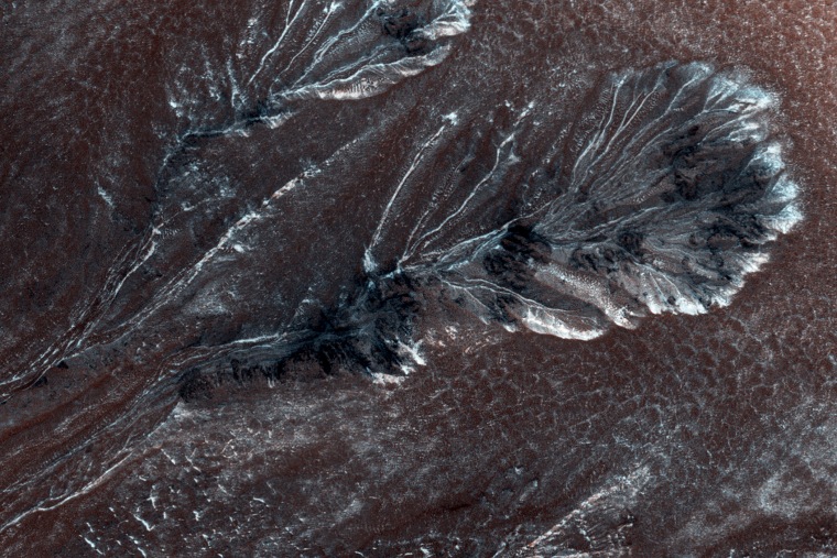 Frosty Gullies on the Northern Plains of Mars.&nbsp;Seasonal frost commonly forms at middle and high latitudes on Mars, much like winter snow on Earth. However, on Mars most frost is carbon dioxide (dry ice) rather than water ice. This frost appears to cause surface activity, including flows in gullies.
