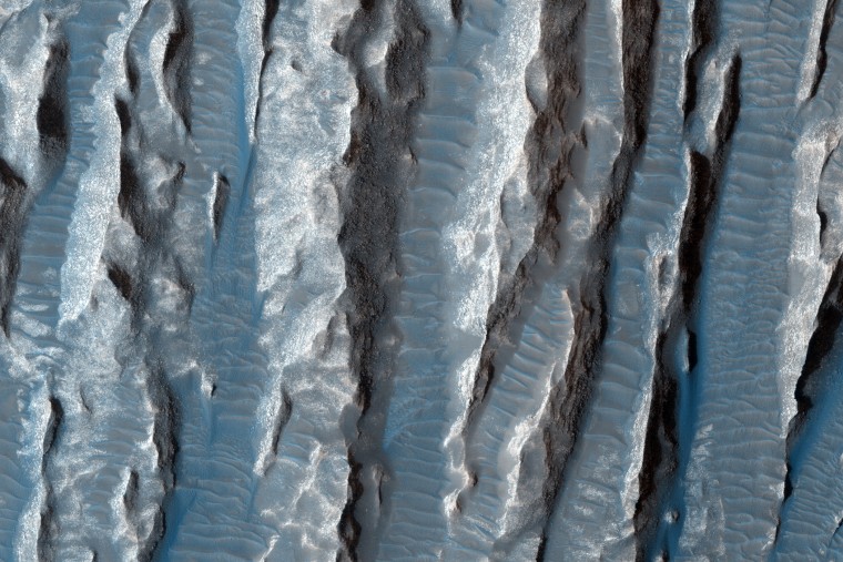 Yardangs in Arsinoes Chaos, Mars.&nbsp;This view of Martian surface features shaped by effects of winds was captured by the HiRISE camera on NASA's Mars Reconnaissance Orbiter on Jan. 4, 2015. The spacecraft has been orbiting Mars since March 2006. On Feb. 7, 2015, it completed its 40,000th orbit around Mars.
