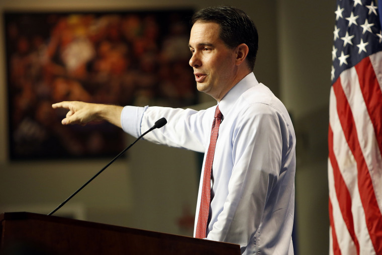 Republican presidential candidate, Wisconsin Gov. Scott Walker speaks during a campaign stop called Politics and Eggs with business leaders and political activist, Friday, Aug. 21, 2015, in Manchester, N.H. (Jim Cole/AP)
