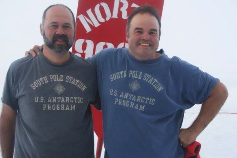 Xavier Cortada, right, and his husband Juan Carlos Espinosa at the North Pole, June 2008, wearing t-shirts they got at the South Pole a year earlier. (Photo courtesy Xavier Cortada and Juan Carlos Espinosa)