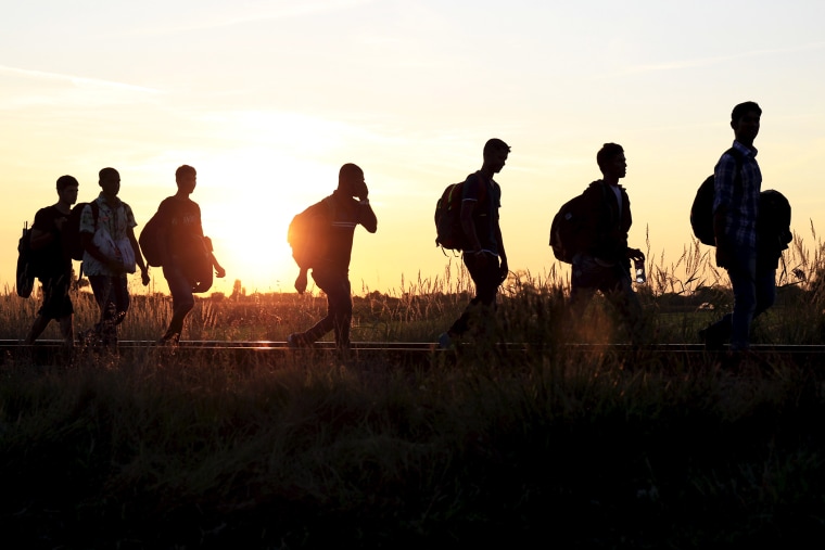 Syrian migrants walk on a railway track after crossing the Hungarian-Serbian border near Roszke, Hungary, Aug. 26, 2015. (Photo by Bernadett Szabo/Reuters)