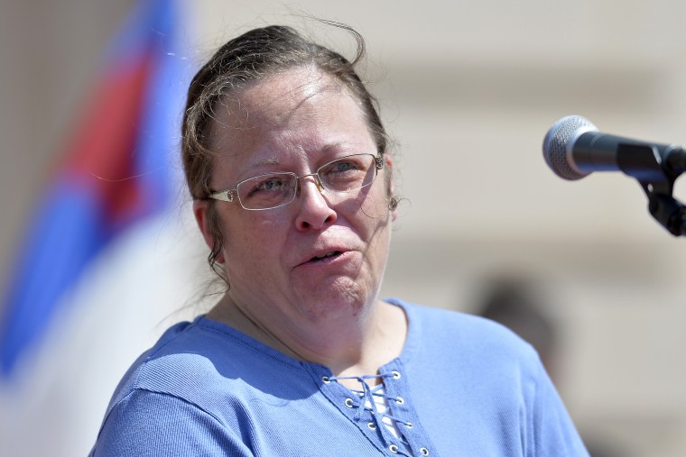 Rowan County Kentucky Clerk Kim Davis, who has been sued by the ACLU for denying marriage licenses to gay couples, speaks at a rally in Frankfort Ky., Saturday, Aug. 22, 2015. (Photo by Timothy D. Easley/AP)