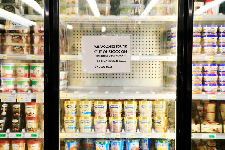 A grocery store's shelves are bare after Blue Bell recalled its products following a Listeria contamination on April 21, 2015 in Overland Park, Kansas. (Photo by Jamie Squire/Getty)