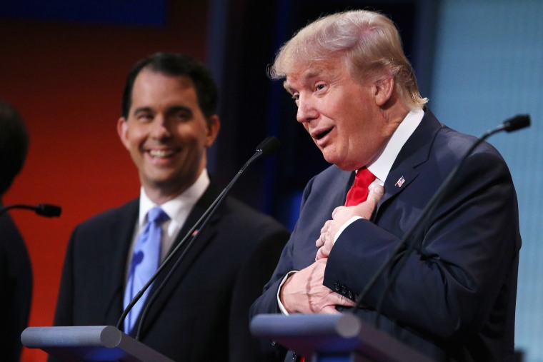 Republican presidential candidate Donald Trump participates in the first presidential debate at the Quicken Loans Arena August 6, 2015 in Cleveland, Ohio. (Photo by Chip Somodevilla/Getty)