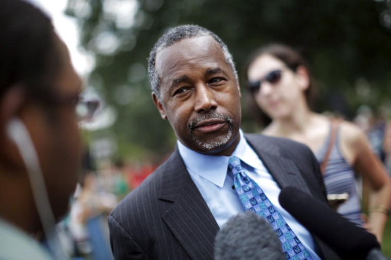 Republican presidential candidate Dr. Ben Carson talks to reporters after speaking during an event at Capitol Hill in Washington, D.C., July 28, 2015. (Photo by Carlos Barria/Reuters)