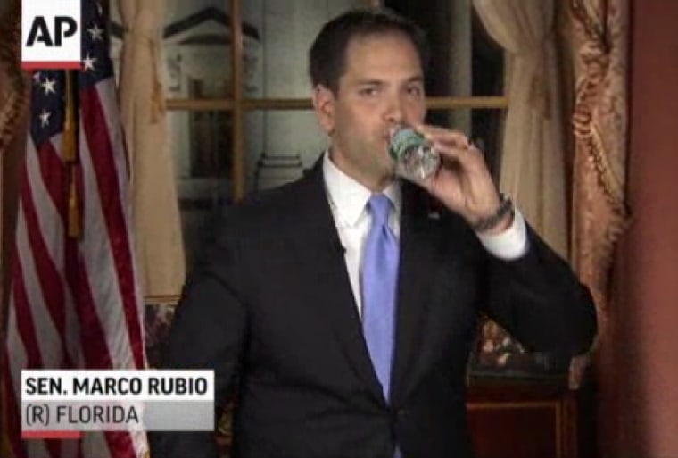 In this frame grab from video, Florida Sen. Marco Rubio takes a sip of water during his Republican response to President Barack Obama's State of the Union address, Feb. 12, 2013, in Washington. (Photo by Pool/AP)