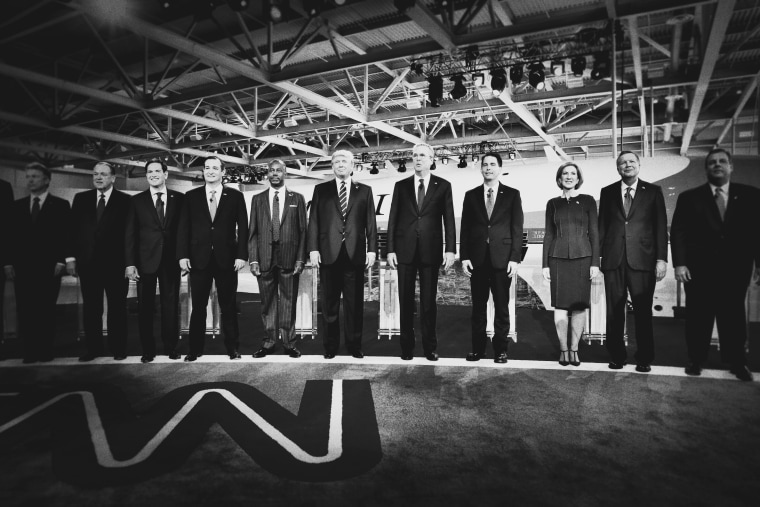 Republican presidential candidates pose for a photo op before the CNN Republican Debate begins at the Ronald Reagan Presidential Library and Museum, Sept. 16, 2015, in Simi Valley, Calif. (Photo by Mark Peterson/Redux for MSNBC)