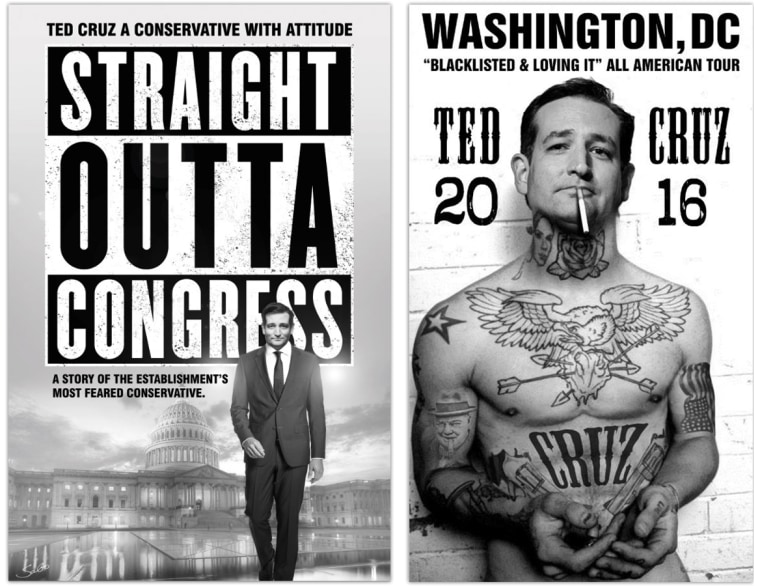 Senator Ted Cruz’s campaign website features a “Sabo” collection, including a Straight Outta Congress Poster ($30) and Blacklisted and Loving It Poster ($50) that depicts Cruz as a convict…because what says ‘presidential material’ more than a mug shot?