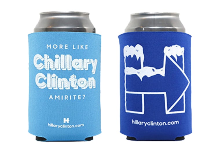 Like most of the other candidates, Hillary is offering can koozies to her voters for the small price of $5. They can be found under Chillary Clinton Koozie Combo and read “More like Chillary Clinton Amirite?”.