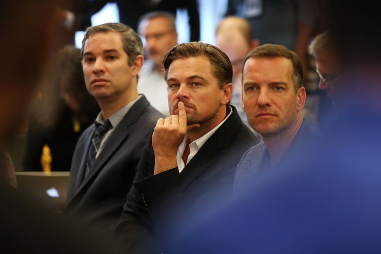 Actor Leonardo Di Caprio looks on during a Divest-Invest news conference on Sept. 22, 2015 in New York City. (Photo by Justin Sullivan/Getty)