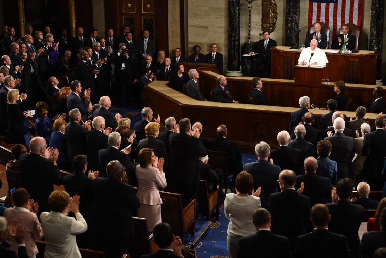 Pope Francis addresses a joint session of Congress on Sept. 24, 2014 in Washington, D.C. (Photo by Jim Watson/AFP/Getty)