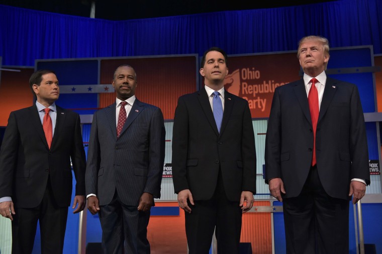 Florida Senator Marco Rubio, retired neurosurgeon Ben Carson, Wisconsin Gov. Scott Walker, and Donald Trump on the stage  in the Republican presidential primary debate, Aug. 6, 2015. (Photo by Mandel Ngan/AFP/Getty)