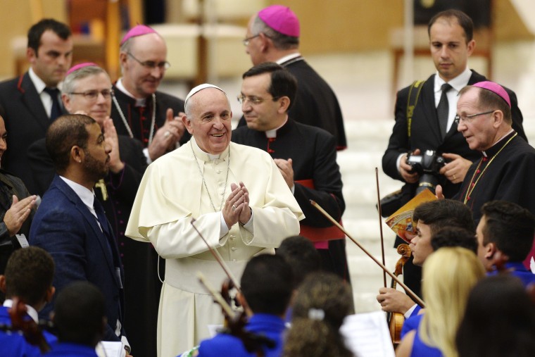 Pope Francis claps for the Brazilian Youth Orchestra in Paul VI Hall, Vatican City Rome, Italy, Oct. 31st, 2014. (Photo by Maria Laura Antonelli/AGF/SIPA)
