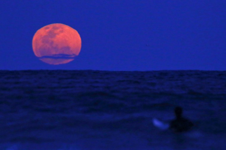 A surfer sits on his board as a supermoon rises in the sky off Manly Beach in Sydney, Australia, Sept. 28, 2015. (Photo by David Gray/Reuters)