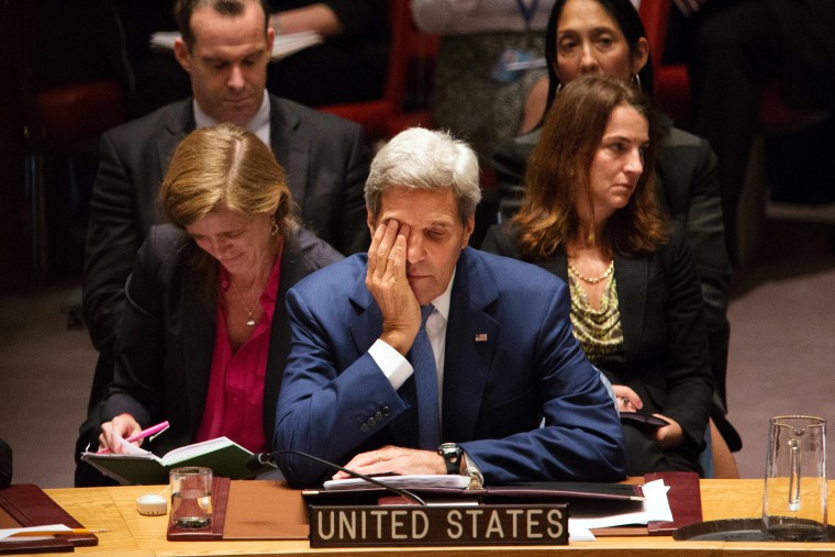 U.S. Secretary of State John Kerry considers his responses at the United Nations Security Council, Sept. 30, 2015, at the U.N. headquarters. (Photo by Kevin Hagen/AP)