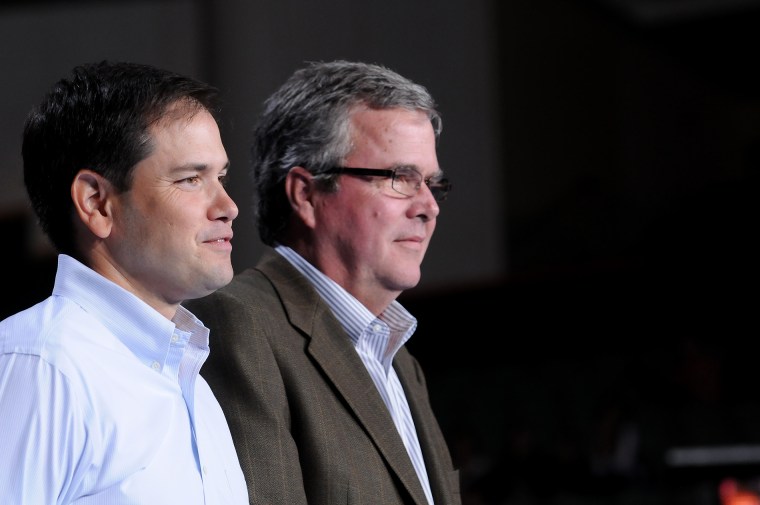Senator Marco Rubio and then-Governor Jeb Bush attend Mitt Romney victory campaign Rally at Bank United Center on Oct. 31, 2012 in Miami, Fl. (Photo by Vallery Jean/FilmMagic/Getty)