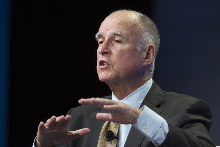 California governor Jerry Brown talks about new efforts to cope with climate change during a panel discussion at the 18th annual Milken Institute Global Conference on April 29, 2015 in Beverly Hills, Calif. (Photo by David McNew/Getty)