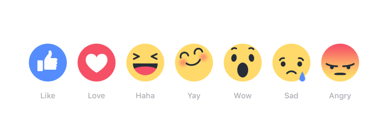 This image provided by Facebook shows its newly introduced \"Reactions\" buttons. From left: like, love, haha, yay, wow, sad, and angry. (Photo by Facebook/AP)