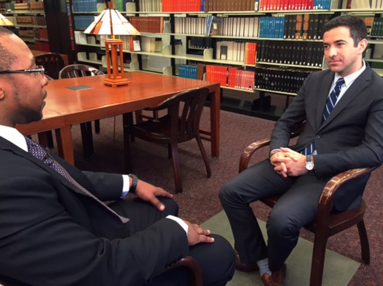 Jarrett Adams is interviewed by Ari Melber. (Photo courtesy of MSNBC)