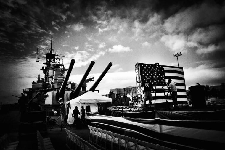 Preparations are made for 2016 Republican presidential candidate Donald Trump's rally aboard the battleship USS Iowa, Los Angeles, Calif., Sept. 15, 2015. (Photo by Mark Peterson for MSNBC)