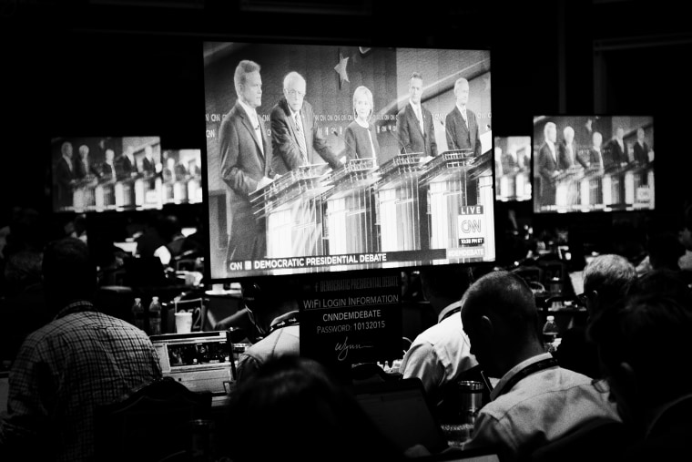 Reporters watch the first Democratic Presidential debate at the Wynn Las Vegas resort and casino on Oct. 12, 2015 in Las Vegas, Nev. (Photo by Mark Peterson/Redux for MSNBC)