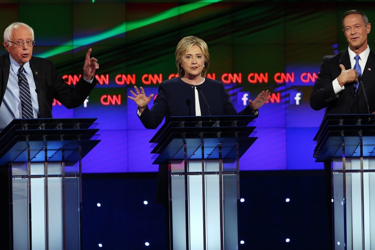 Democratic presidential candidates Sen. Bernie Sanders, Hillary Clinton and Martin O'Malley debate at Wynn Las Vegas on Oct. 13, 2015 in Las Vegas, Nev. (Photo by Joe Raedle/Getty)