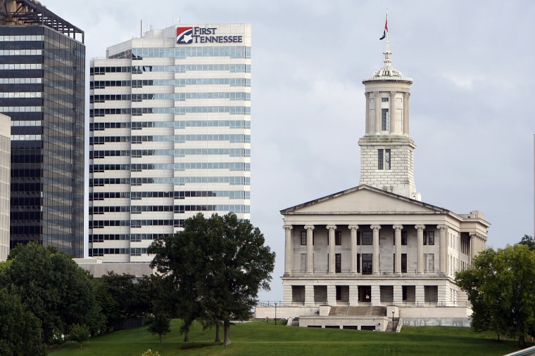 The Tennessee State Capitol stands apart from newer buildings in Nashville, Tenn., Saturday, Sept. 19, 2009.