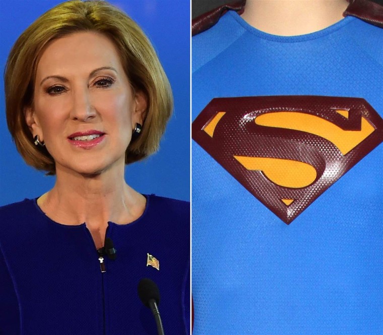 Carly Fiorina and the Superman logo. (Frederic J Brown/AFP/Getty Images; Rex Features/AP)