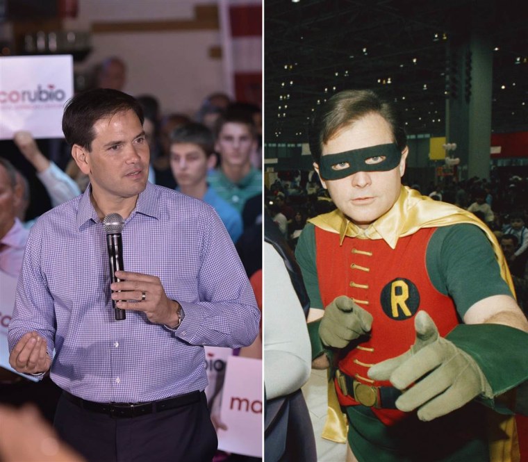 Marco Rubio and Burt Ward as Robin from the 1960s television show \"Batman\" (Mandel Ngan/AFP/Getty; Mark Elias/AP)