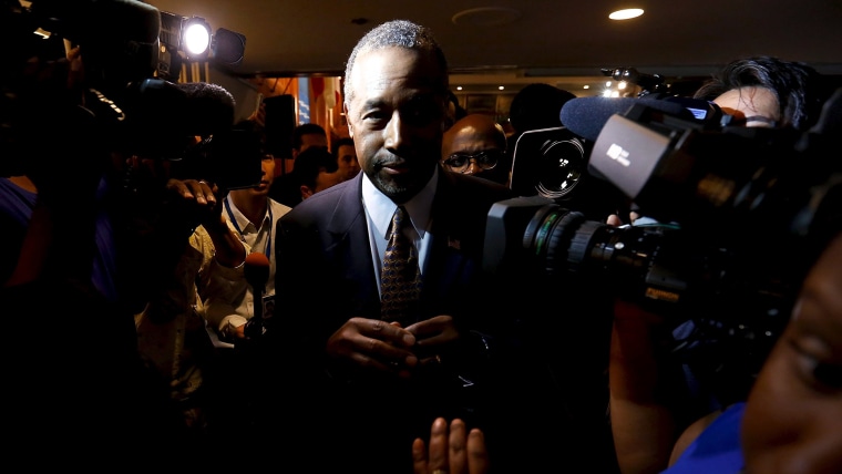 Republican candidate Dr. Ben Carson talks to reporters after speaking at the National Press Club in Washington, D.C., Oct. 9, 2015. (Photo by Jonathan Ernst/Reuters)