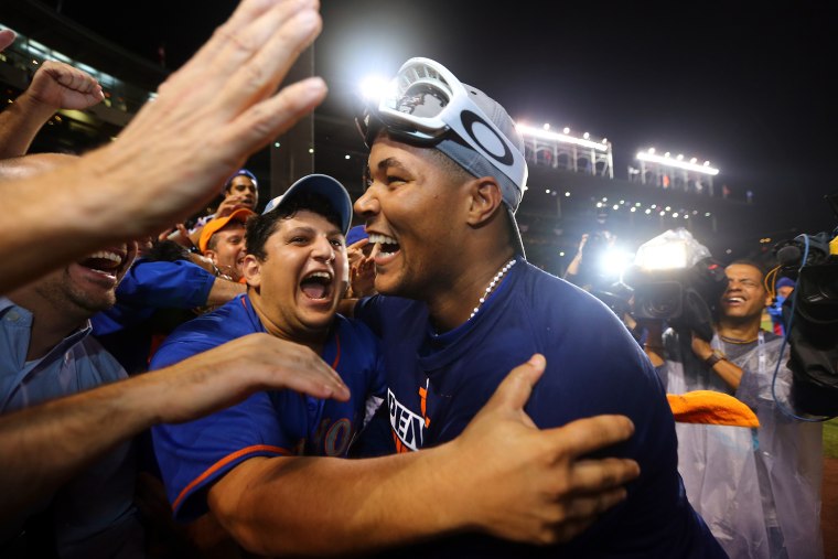 Jeurys Familia #27 of the New York Mets celebrates on field after defeating the Chicago Cubs in game four of the 2015 MLB National League Championship Series at Wrigley Field on October 21, 2015 in Chicago, Ill. (Photo by Elsa/Getty)