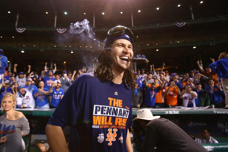 New York Mets starting pitcher Jacob deGrom (48) celebrates after defeating the Chicago Cubs in game four of the NLCS at Wrigley Field on Oct. 21, 2015 in Chicago, Ill. (Photo by Caylor Arnold/USA TODAY Sports/Reuters)