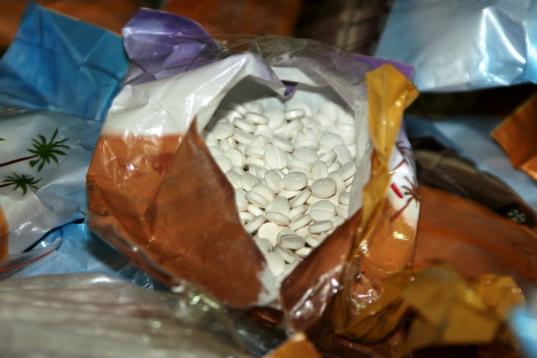 Bags containing pills called Captagon were found in a Beirut port on Nov. 26, 2007. (Photo by Nabil Mounzer/EPA)