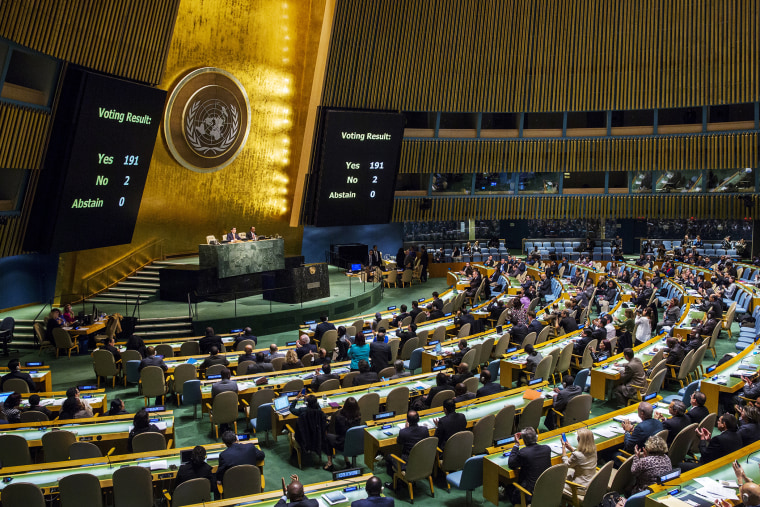 Voting results are shown on boards following a United Nations General Assembly vote at the United Nations headquarters in New York, Oct. 27, 2015. (Photo by Lucas Jackson/Reuters)