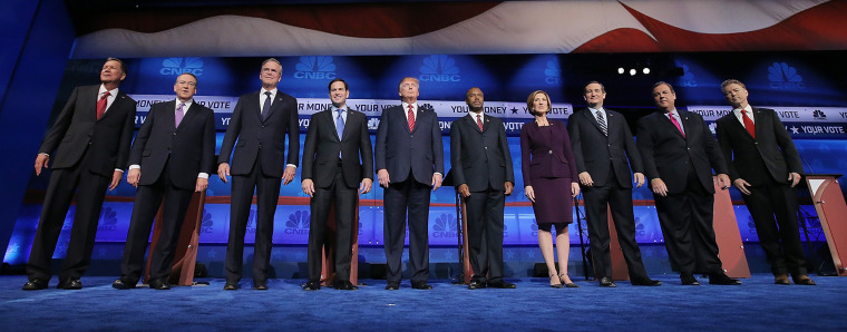 Presidential candidates pose before the CNBC Republican Presidential Debate, Oct. 28, 2015 in Boulder, Colo. (Photo by Andrew Burton/Getty)