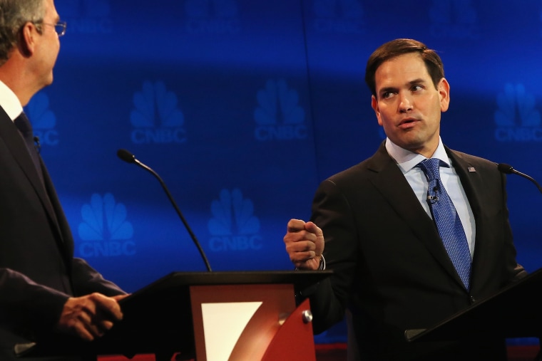 Presidential candidates Sen. Marco Rubio (R-FL) speaks directly to Jeb Bush during the CNBC Republican Presidential Debate at University of Colorado's Coors Events Center Oct. 28, 2015 in Boulder, Colo. (Photo by Justin Sullivan/Getty)