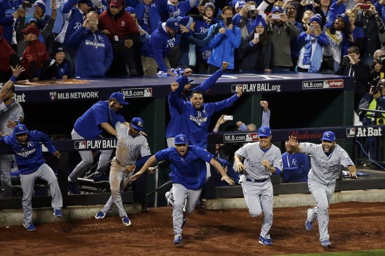 The Kansas City Royals celebrate after Game 5 of the Major League Baseball World Series against the New York Mets Monday, Nov. 2, 2015, in New York, N.Y. (Photo by Frank Franklin II/AP)