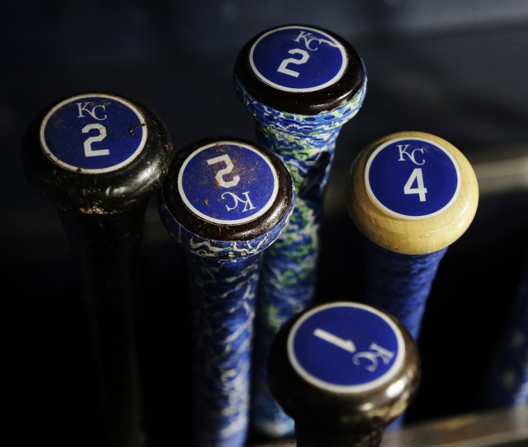 Kansas City Royals' bats are placed in the dugout before Game 5 of the Major League Baseball World Series between the New York Mets and Kansas City Royals, Nov. 1, 2015, in New York. (Photo by Julie Jacobson/AP)