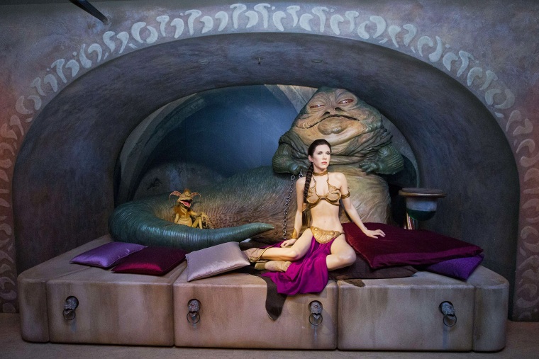 Star Wars characters Jabba The Hutt and Princess Leia are pictured at the Star Wars At Madame Tussauds attraction in London on May 12, 2015. (Photo by Justin Tallis/AFP/Getty)