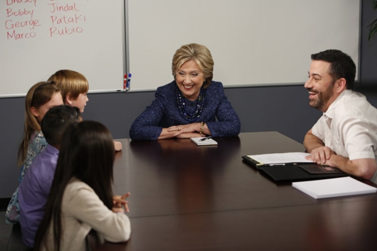 Hillary Clinton speaks with children about the gender wage gap alongside Jimmy Kimmel on Jimmy Kimmel Live, Nov. 5, 2015. (Photo by Randy Holmes/ABC)