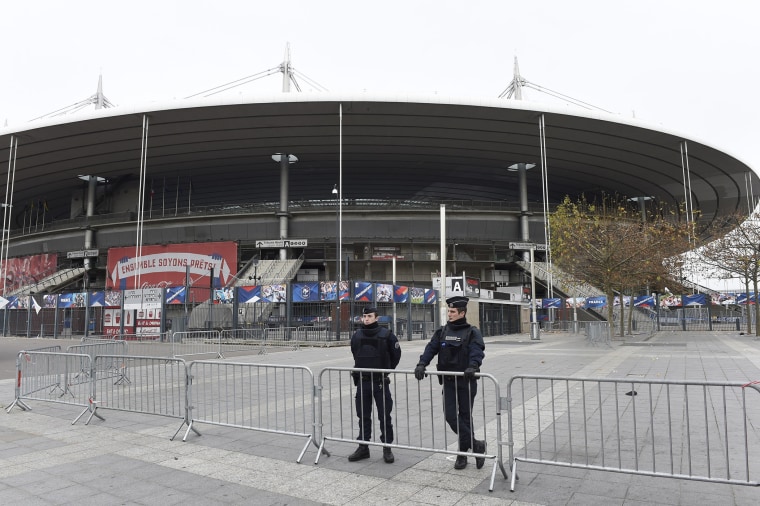 Police secure the area outside the Stade de France stadium, on the outskirts of Paris, on Nov. 14, 2015. (Photo by Miguel Medina/AFP/Getty)