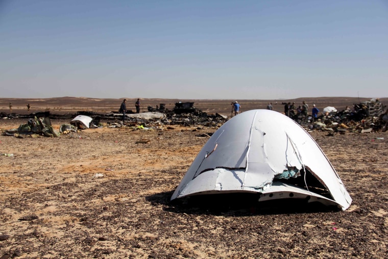 Debris of a Russian airplane is seen at the site a day after the passenger jet bound for St. Petersburg, Russia, crashed in Hassana, Egypt, on Nov. 1, 2015. (Photo by AP)