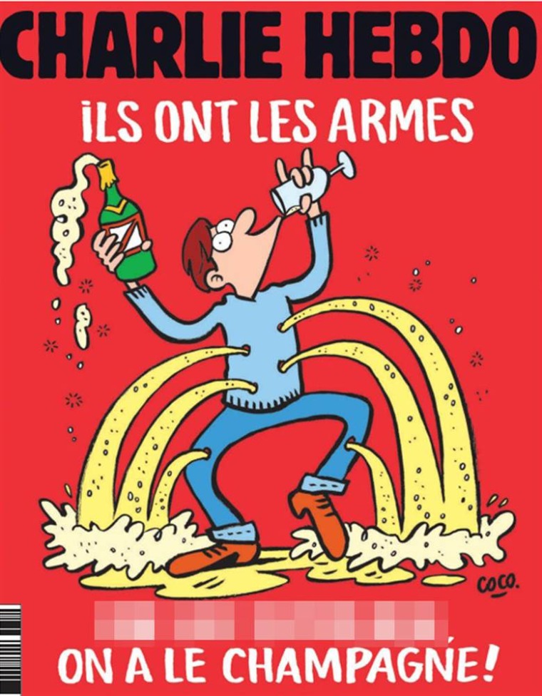The new Charlie Hebdo cover reads: \"They have weapons. F*** them. We have champagne!” (Courtesy of Charlie Hebdo)