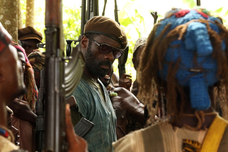 This photo provided by Netflix shows Idris Elba as Commandant in a scene from the new film, \"Beasts of No Nation,\" directed by Cary Fukunaga. (Photo by Netflix/AP)
