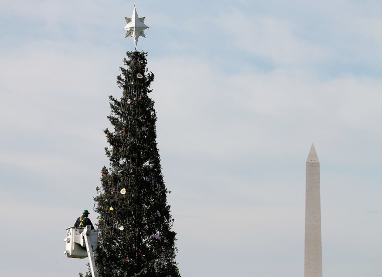 A worker decorates the Christmas tree on the West Lawn of the Capitol grounds, Nov. 27, 2015 in Washington, DC. (Photo by Mark Wilson/Getty)