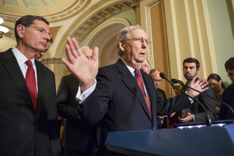 Without mentioning Donald Trump by name, Senate Majority Leader Mitch McConnell, R-Ky., denounced Trump's recent remarks about restricting Muslim travel during a news conference at the Capitol in Washington, Dec. 8, 2015. (Photo by J. Scott Applewhite/AP)