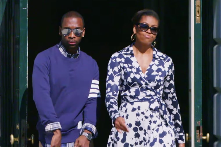 First Lady Michelle Obama and SNL cast member Jay Pharoah rap about college in a new College Humor video. (Screen grab courtesy of College Humor)