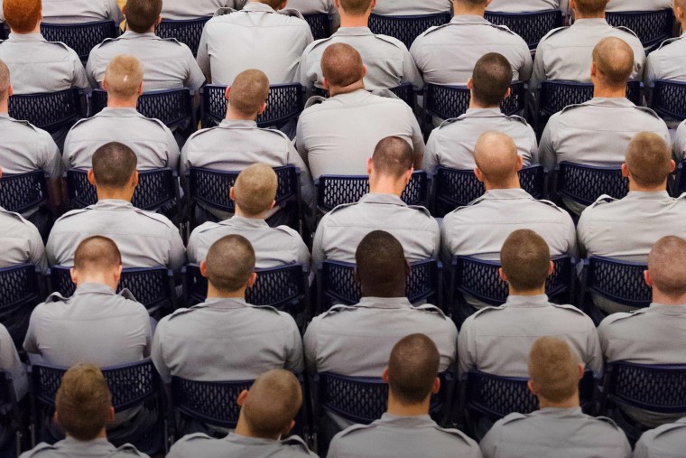 Cadets at the Citadel Military College listen as a Republican presidential candidate speaks during an address, Charleston, S.C., Nov. 18, 2015. (Photo by Richard Ellis/ZUMA)